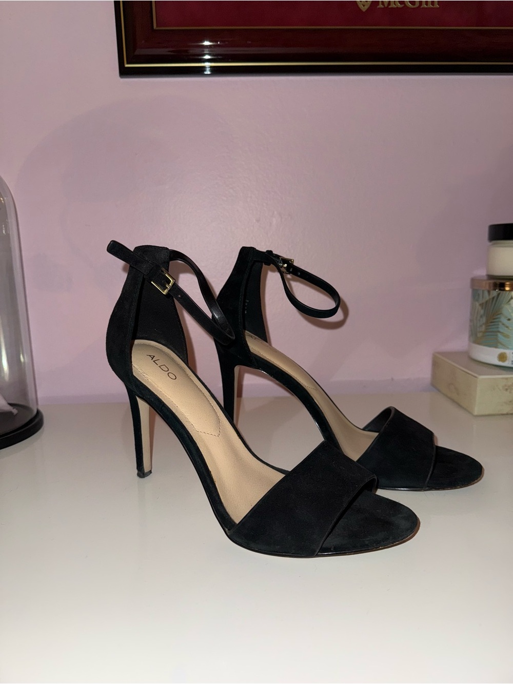 ALDO Black Suede Open-Toe Ankle-Strap Stiletto Heels